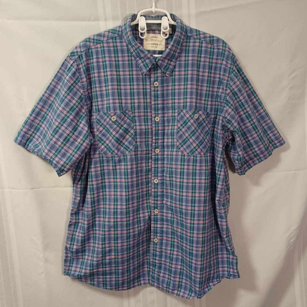 Weatherproof Shirt Mens XXL Blue Plaid Vintage Short Sleeve Button Down Pocket